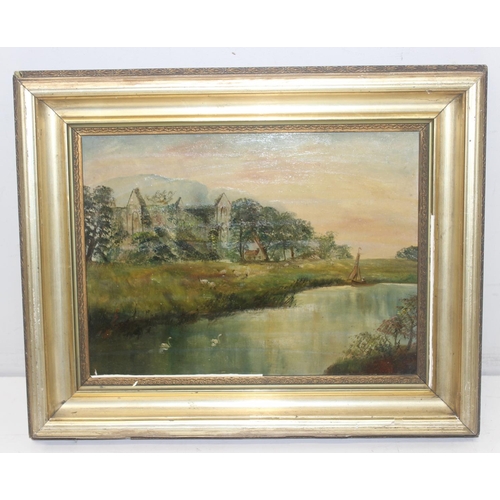 420 - R. Brown (XIX-XX), oil on board depicting a ruined castle by a river, seemingly unsigned and not ann... 