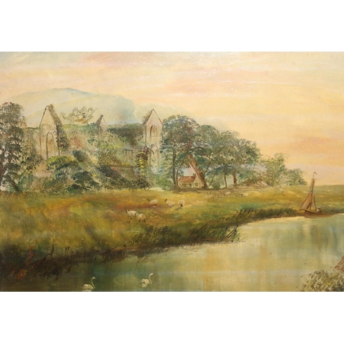 420 - R. Brown (XIX-XX), oil on board depicting a ruined castle by a river, seemingly unsigned and not ann... 