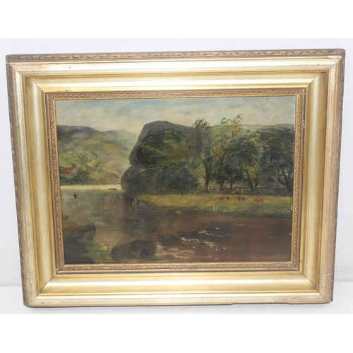 422 - R. Brown (XIX-XX), oil on board depicting cattle by a Loch, seemingly unsigned and not annotated ver... 