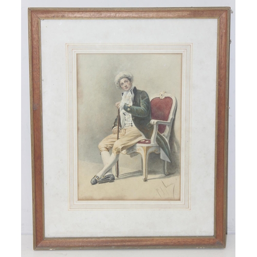 424 - Pierre Joseph Antoine (Belgian, 1840-1913), watercolour of a Regency period gentleman in chair, sign... 