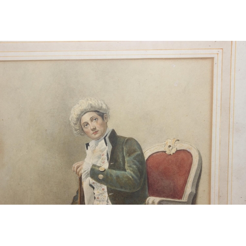 424 - Pierre Joseph Antoine (Belgian, 1840-1913), watercolour of a Regency period gentleman in chair, sign... 