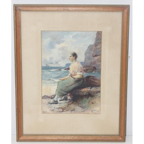 425 - Johns Fraser (XIX) antique watercolour of a fisherwoman sat on a rock looking wistfully out to sea, ... 