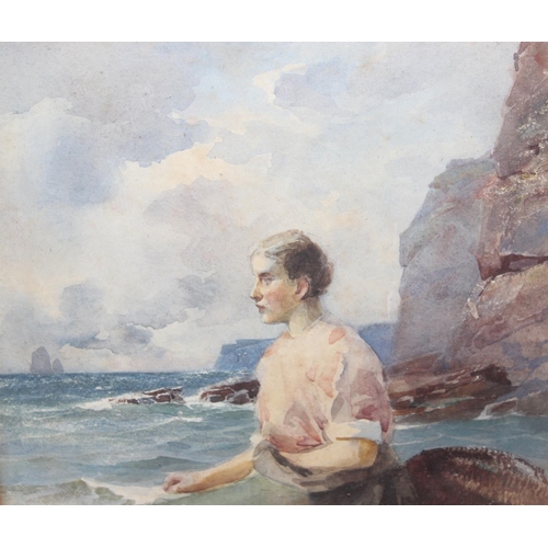 425 - Johns Fraser (XIX) antique watercolour of a fisherwoman sat on a rock looking wistfully out to sea, ... 