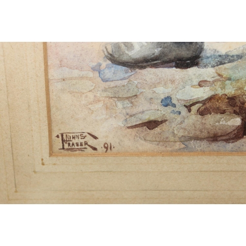 425 - Johns Fraser (XIX) antique watercolour of a fisherwoman sat on a rock looking wistfully out to sea, ... 