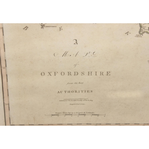 432 - An early 19th century map of Oxfordshire by J. Cary 1805, some hand coloured details, approx 60cm x ... 