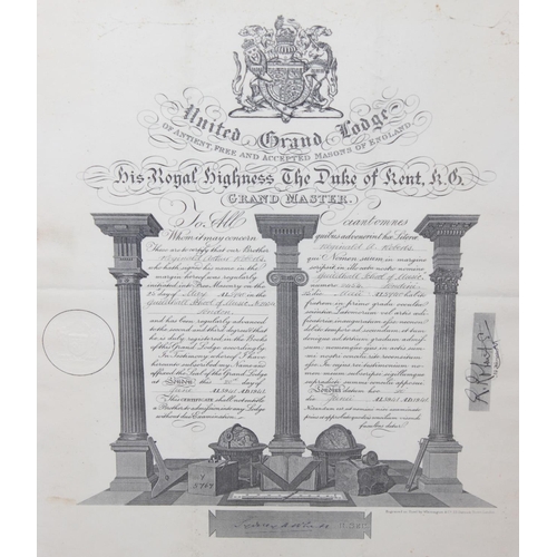 436 - Qty of assorted masonic related prints to inc a number of antique signed certificates and a print of... 