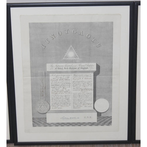 436 - Qty of assorted masonic related prints to inc a number of antique signed certificates and a print of... 