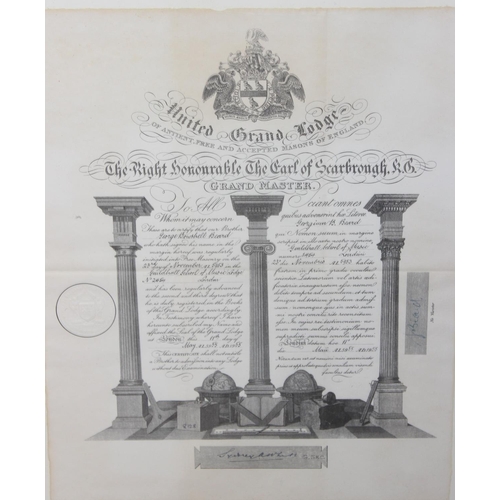 436 - Qty of assorted masonic related prints to inc a number of antique signed certificates and a print of... 