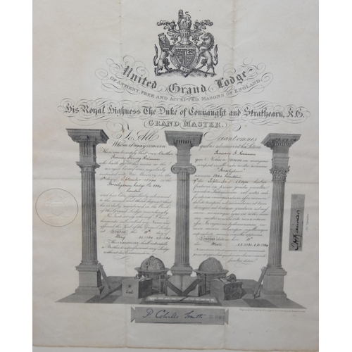 436 - Qty of assorted masonic related prints to inc a number of antique signed certificates and a print of... 