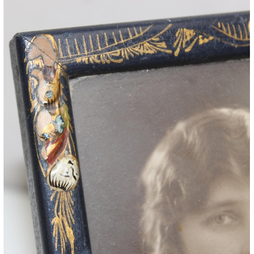 451 - 2 easel-backed photograph frames to incl a small hand-painted Chinoiserie example, and a crocodile s... 