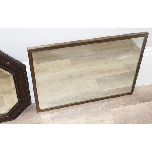 453 - 2 vintage mirrors, one with copper frame, the other an elongated octagonal oak frame with Apothecary... 