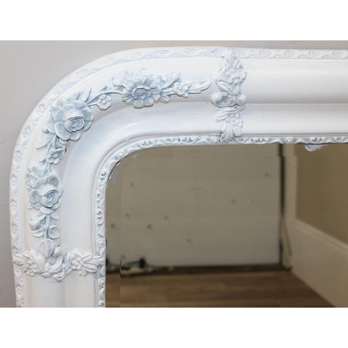 458 - Large white painted rectangular over mantel mirror with white painted floral decoration, approx 138c... 