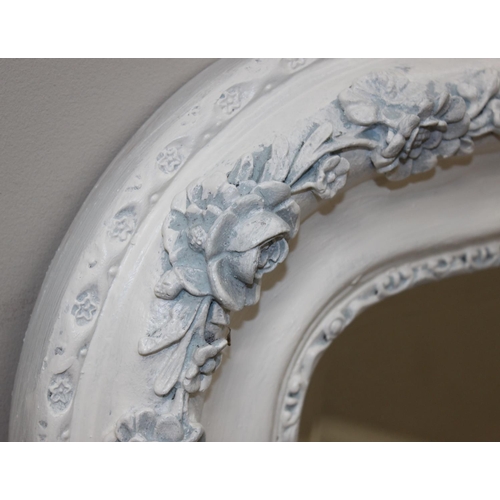 458 - Large white painted rectangular over mantel mirror with white painted floral decoration, approx 138c... 