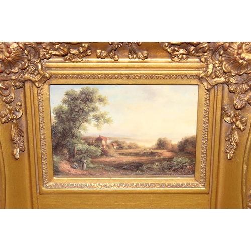 459 - Antique style gilt framed beveled glass mirror with textured print overhead, approx 39cm W x 70cm H