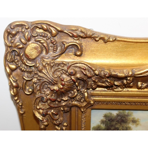 459 - Antique style gilt framed beveled glass mirror with textured print overhead, approx 39cm W x 70cm H