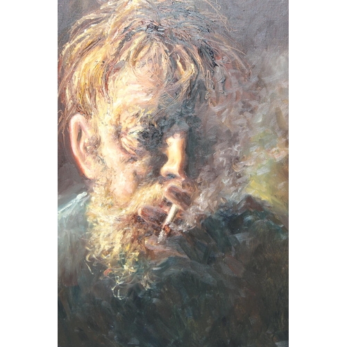 463 - Surrealist oil on canvas of a smoking man, signed Lew 2000 lower right, approx 65cm x 84cm inc frame