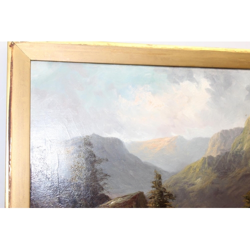 467 - Antique oil on board of a cottage in a mountainous landscape scene, in gilt frame, approx 83cm x 57c... 