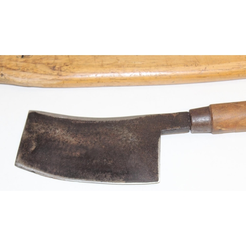 759 - 2 large vintage axes with hickory handles, and a vintage cleaver knife (3)