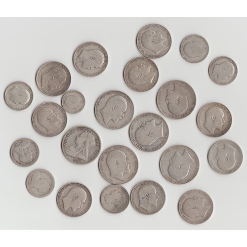 1220 - Qty of assorted Queen Victoria and Edward VII silver coins, 6 half crowns, 10 florins, 6 shillings, ... 