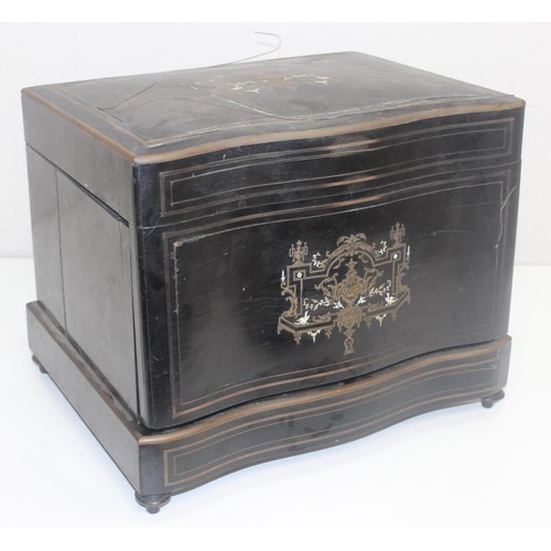 1686 - French 19th century ebonised wooden liquor cellar/decanter box with marquetry detailing, a vintage Z... 