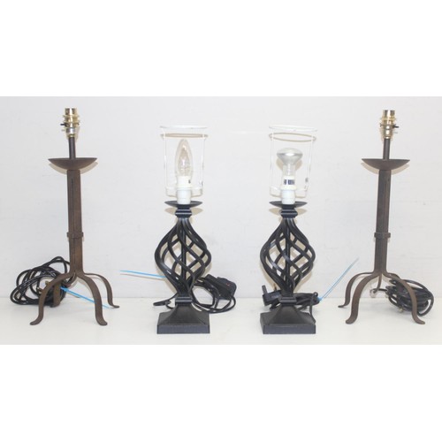 255 - 3 pairs of metal table lamps to include a pair of distressed metal effect table lamps formed as ioni... 