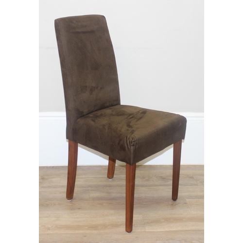 40 - Mobitec of Belgium, a set of 8 modern brown suede leather and wooden legged dining chairs, custom ma... 