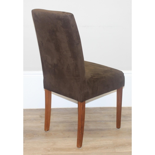 40 - Mobitec of Belgium, a set of 8 modern brown suede leather and wooden legged dining chairs, custom ma... 