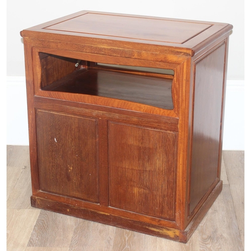 52 - A 20th century Oriental hardwood side cabinet with 2 drawers and a glazed fold down cabinet to top, ... 