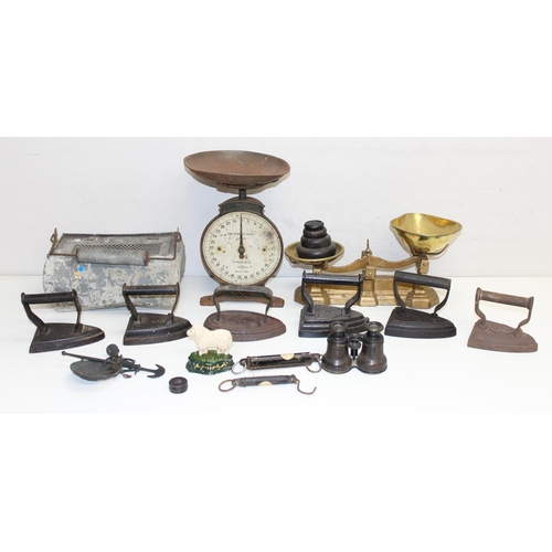 1658 - Qty of mixed metalware, mostly cast iron, to incl vintage irons, scales, carriage footwarmer etc