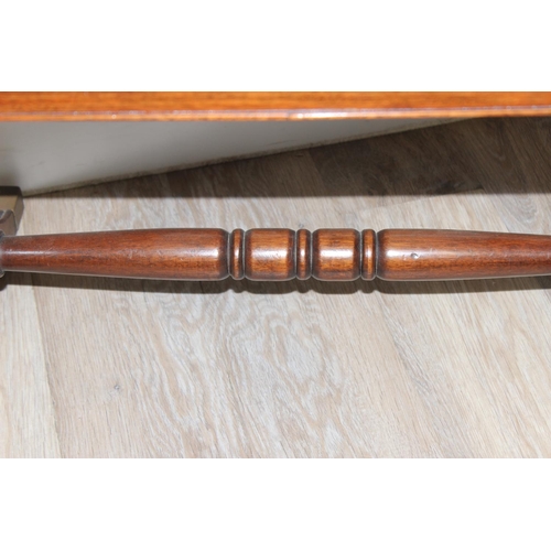 160 - Mahogany extending sofa table with drawer and turned cross support and a vintage tapestry topped tab... 