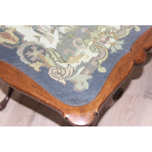 160 - Mahogany extending sofa table with drawer and turned cross support and a vintage tapestry topped tab... 