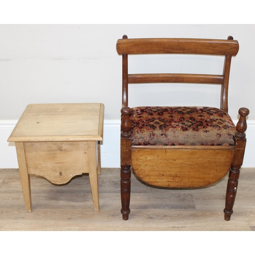 122 - Antique pine sewing box with lift-up lid and a mahogany wide seated commode with upholstered seat an... 