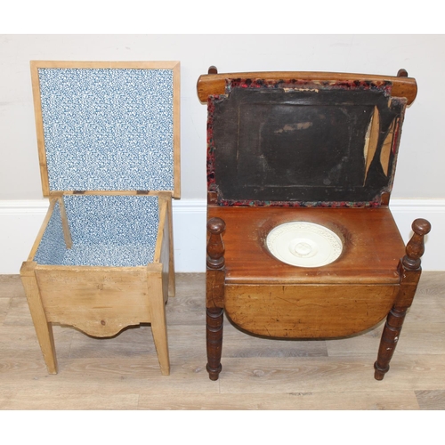 122 - Antique pine sewing box with lift-up lid and a mahogany wide seated commode with upholstered seat an... 