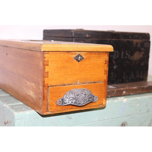 310 - Mixed vintage wooden items to incl cash till, spirit level, tank inspection lamp box, first aid box ... 