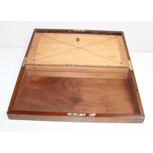 311 - Antique and later wooden items to incl an inlaid dinner knife box, crumb tray and brush, writing slo... 