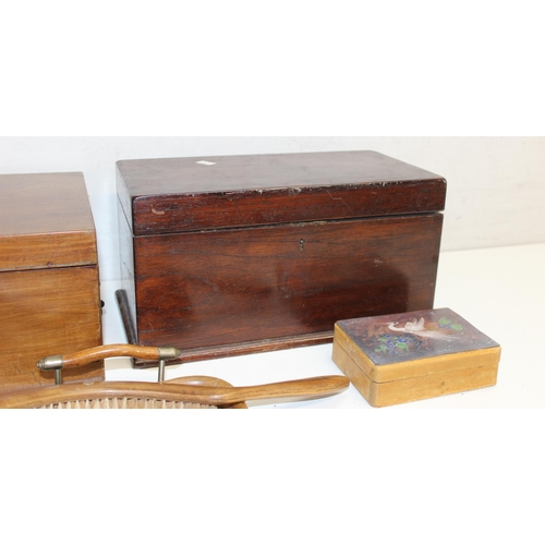 311 - Antique and later wooden items to incl an inlaid dinner knife box, crumb tray and brush, writing slo... 