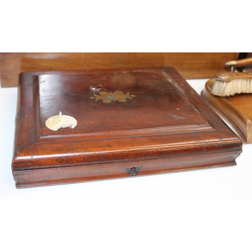 311 - Antique and later wooden items to incl an inlaid dinner knife box, crumb tray and brush, writing slo... 