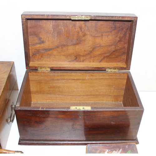 311 - Antique and later wooden items to incl an inlaid dinner knife box, crumb tray and brush, writing slo... 