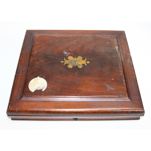 311 - Antique and later wooden items to incl an inlaid dinner knife box, crumb tray and brush, writing slo... 