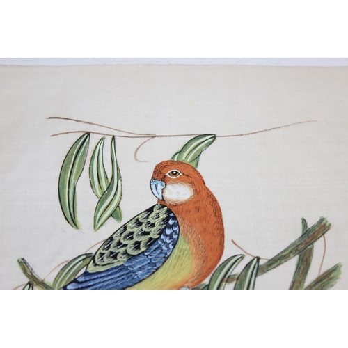 475 - Qty of hand-painted pictures of birds to incl one on silk, largest approx 32cm x 25cm