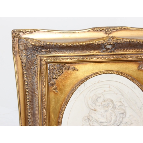 491 - Large vintage wall mirror with marble effect Rococo style plaque above, set in decorative gilt frame... 