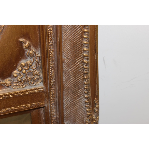 491 - Large vintage wall mirror with marble effect Rococo style plaque above, set in decorative gilt frame... 