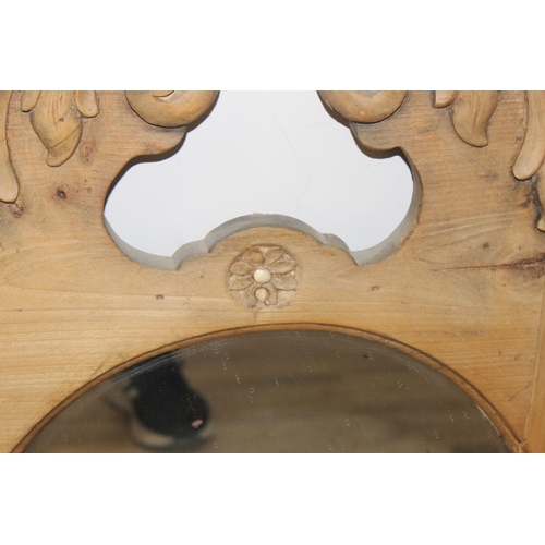 492 - Vintage pine framed wall mirror with scroll-topped design, approx 84cm x 71cm