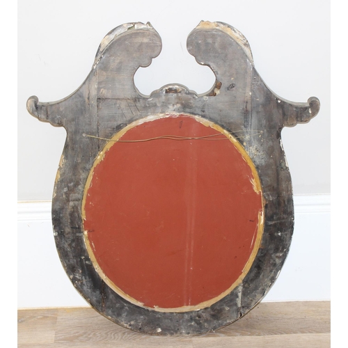 492 - Vintage pine framed wall mirror with scroll-topped design, approx 84cm x 71cm