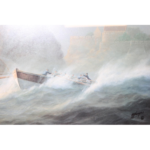 495 - 3 framed RNLI prints of Gold Medal Rescues, to incl Jersey, Isle of Man and Isles of Scilly, all sig... 