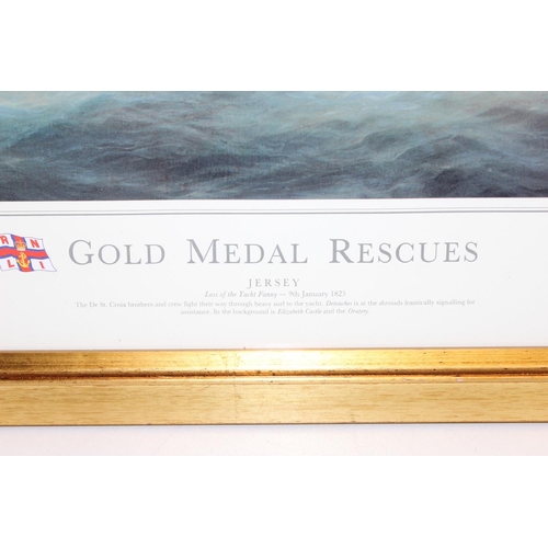 495 - 3 framed RNLI prints of Gold Medal Rescues, to incl Jersey, Isle of Man and Isles of Scilly, all sig... 