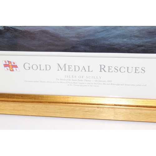 495 - 3 framed RNLI prints of Gold Medal Rescues, to incl Jersey, Isle of Man and Isles of Scilly, all sig... 