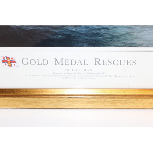 495 - 3 framed RNLI prints of Gold Medal Rescues, to incl Jersey, Isle of Man and Isles of Scilly, all sig... 