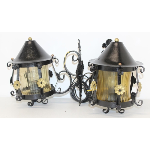 273 - Italian lamps - Large pair of 1950's porch lights in steel with fluted tan glass shades, approx 33cm... 