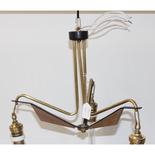 279 - Italian lamps - 3 branch brass, steel and wood pendant light with extended LED bulbs, approx 50cm H ... 